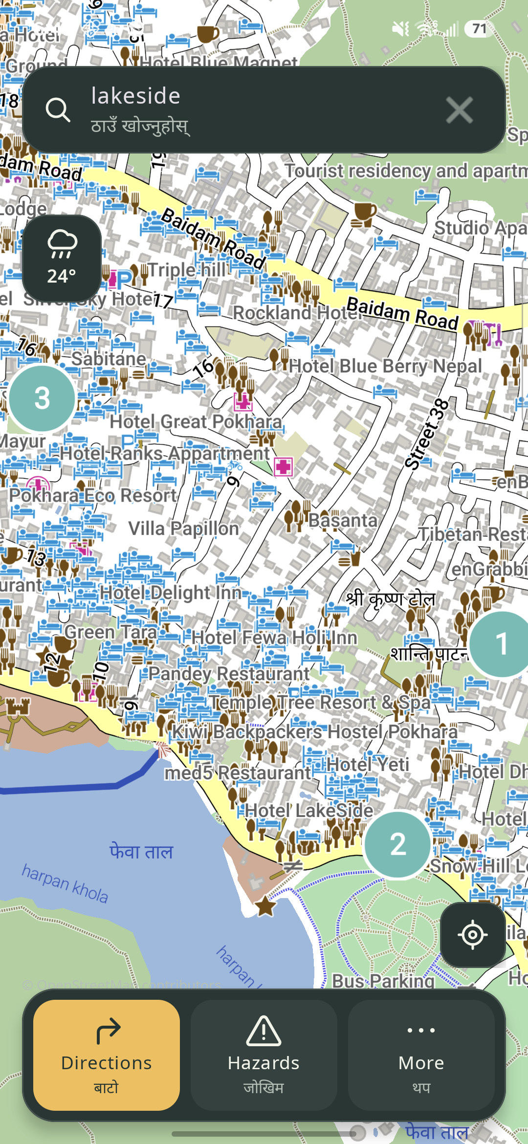 Offline map around Phewa Lake in Pokhara, with bilingual Directions, Hazards and More controls